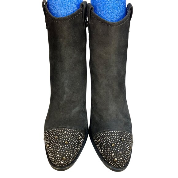 Stuart Weitzman Womens 6.5 Black Suede Ankle Boots Studded Toe Luxury Cowgirl - Picture 5 of 13